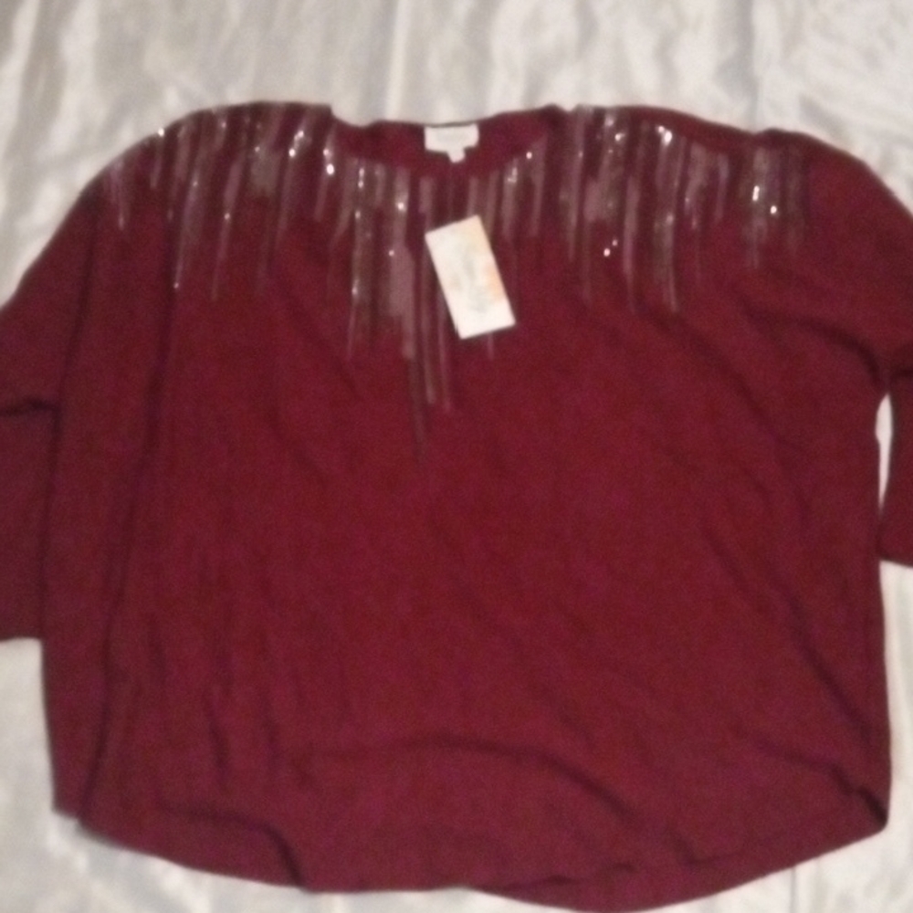New Siren Lily Maroon Sweater with Metallic Details Size1X 1/4 Sleeve